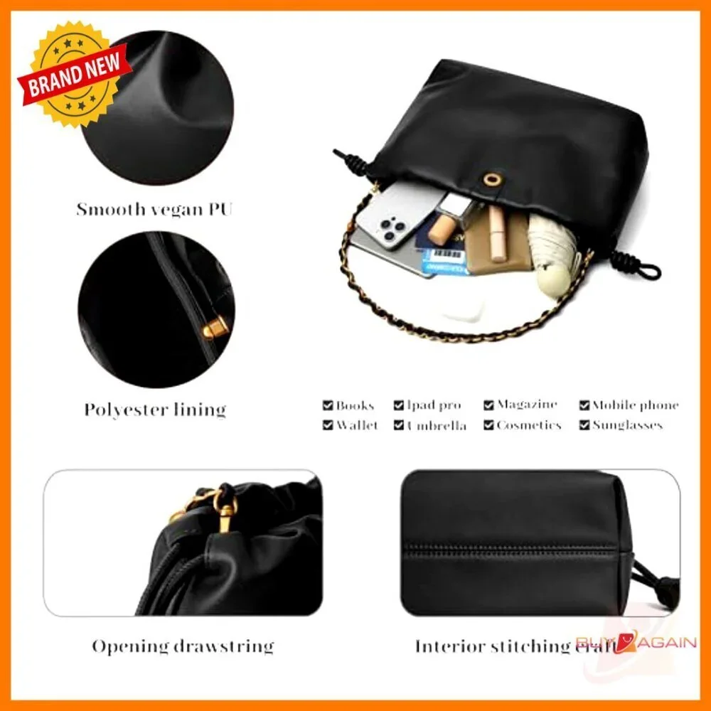 Vegan Leather Bucket Hobo Bag with Detachable Straps, 12x8x4